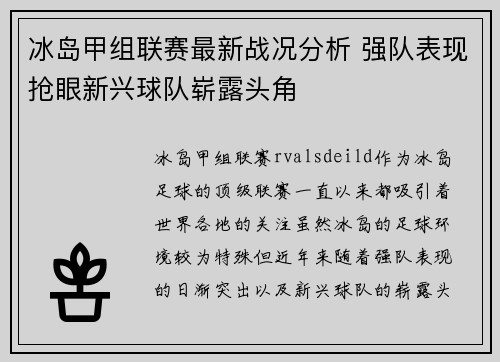 冰岛甲组联赛最新战况分析 强队表现抢眼新兴球队崭露头角
