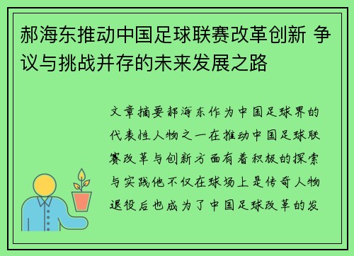 郝海东推动中国足球联赛改革创新 争议与挑战并存的未来发展之路