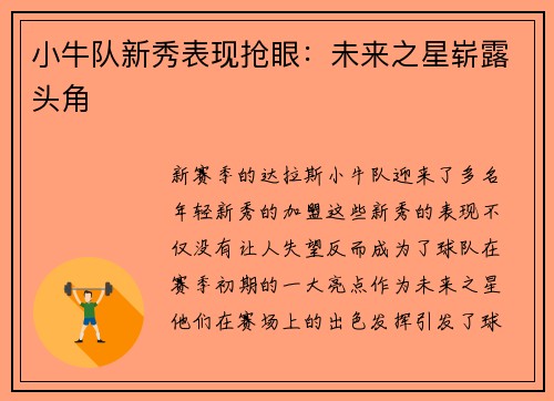 小牛队新秀表现抢眼：未来之星崭露头角